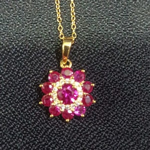 Pink Ruby Flower Pendant Necklace: 14K Yellow Gold Finish