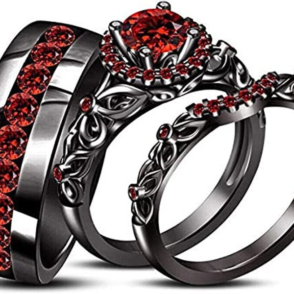 Gothic wedding Ring Set Red Garnet 14K Black Gold Finish Engagement Wedding Trio Set Ring