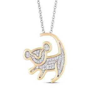 May include: A gold and silver necklace with a diamond-encrusted pendant shaped like the lion king character Simba. The pendant is detailed with a gold outline and features a small, round diamond in the center of Simba's chest.
