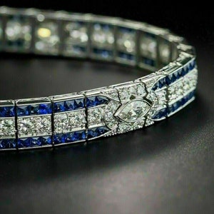 Tennis Bracelet Vintage Art Deco Style 14K White Gold Finish 9Ct Round Cut Simulated White Diamond & Blue Sapphire