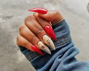 Golden apple - Long stiletto press on nails | Fake nails | Red nails | Glue on nails