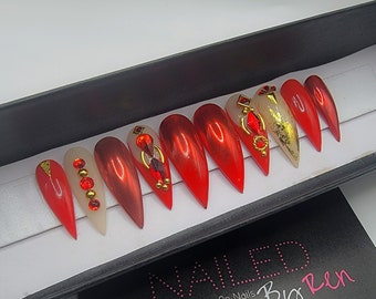 Queenie- Long stiletto press on nails | Fake nails | Red nails | Glue on nails