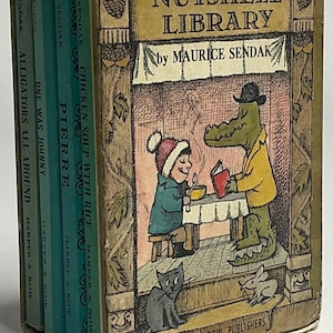 May include: A vintage Nutshell Library book set by Maurice Sendak. The set includes four small books with titles like "Alligators All Around" and "Chicken Soup with Rice." The cover illustration depicts a boy and an alligator reading.