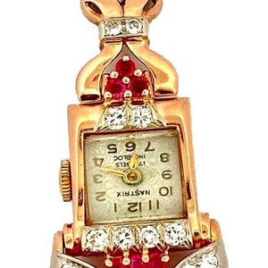 Vintage Art Deco 14k Rose Gold Ruby And Diamonds Watch Pendant