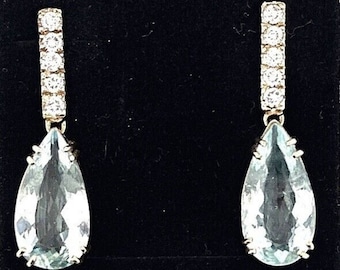 14k Gold Aquamarines Diamonds earrings Large Pear shape Dangle Drop Earrings