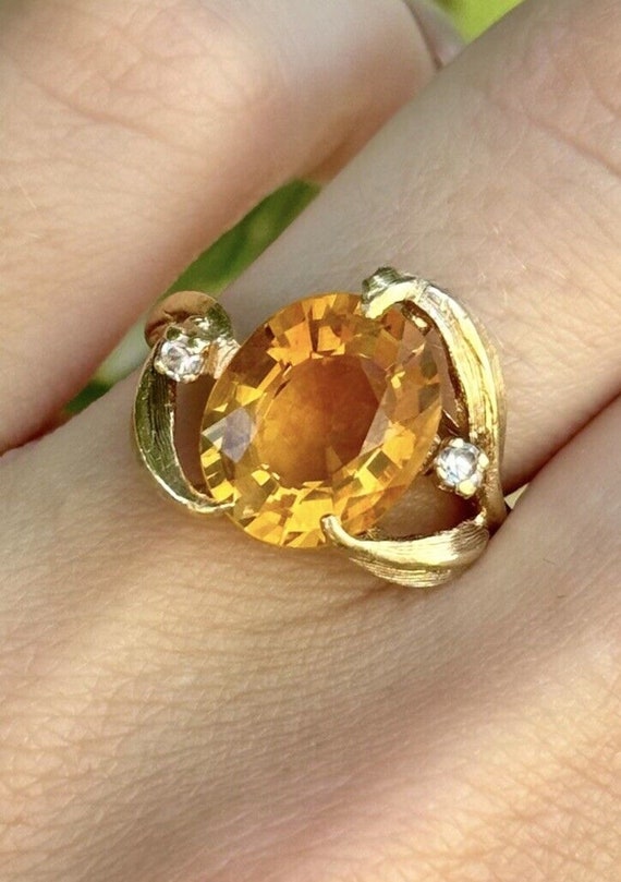 Vintage 10k Yellow Gold Citrine And Diamonds Ring