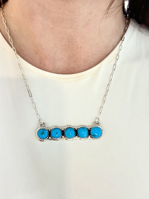 Navajo 925 Sterling Silver Signed Zia 5 Stone Turquoise Necklace