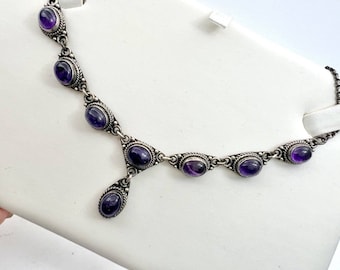 Vintage 925 Sterling Silver Amethyst Cabochon Gemstones Lariat Drop Necklace