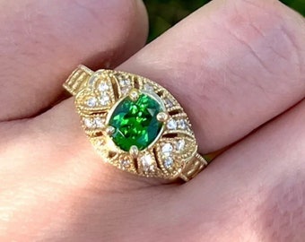 18k Solid Yellow Gold Natural Tsavorite Garnet and Diamonds Certified Ring
