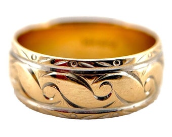 Vintage 14k Yellow And White Gold Etched Wedding Ring Band 6.6grams 7.7mm Thick