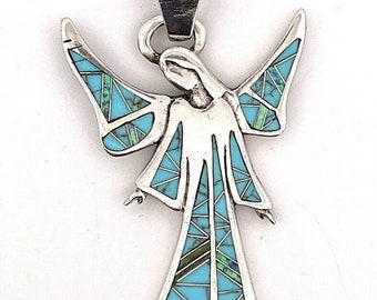 Vintage Angel Opal Turquoise Inlay Large Pendant 925 Native??