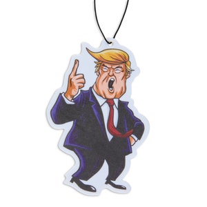 May include: A cartoon illustration of a person with blonde hair wearing a blue suit and red tie, with their right arm raised and pointing, and their mouth open as if yelling.