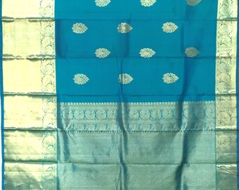 Turquoise Blue Saree - Pure Handloom Kanchipuram silk saree with Pure Zari