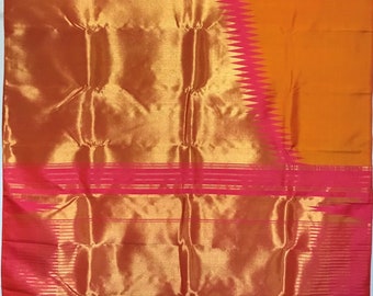 Gorgeous Mango and Pink rising temple border - Pure Handloom Kanchipuram Silk Saree with pure zari