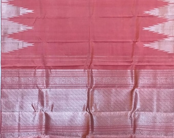Antique pink temple border - Pure Handloom Kanchipuram silk saree with silver zari
