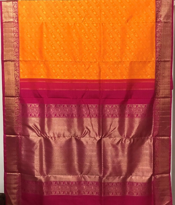 Mango & Pink Jacquard Nine Yards - Pure Handloom Kanchipuram