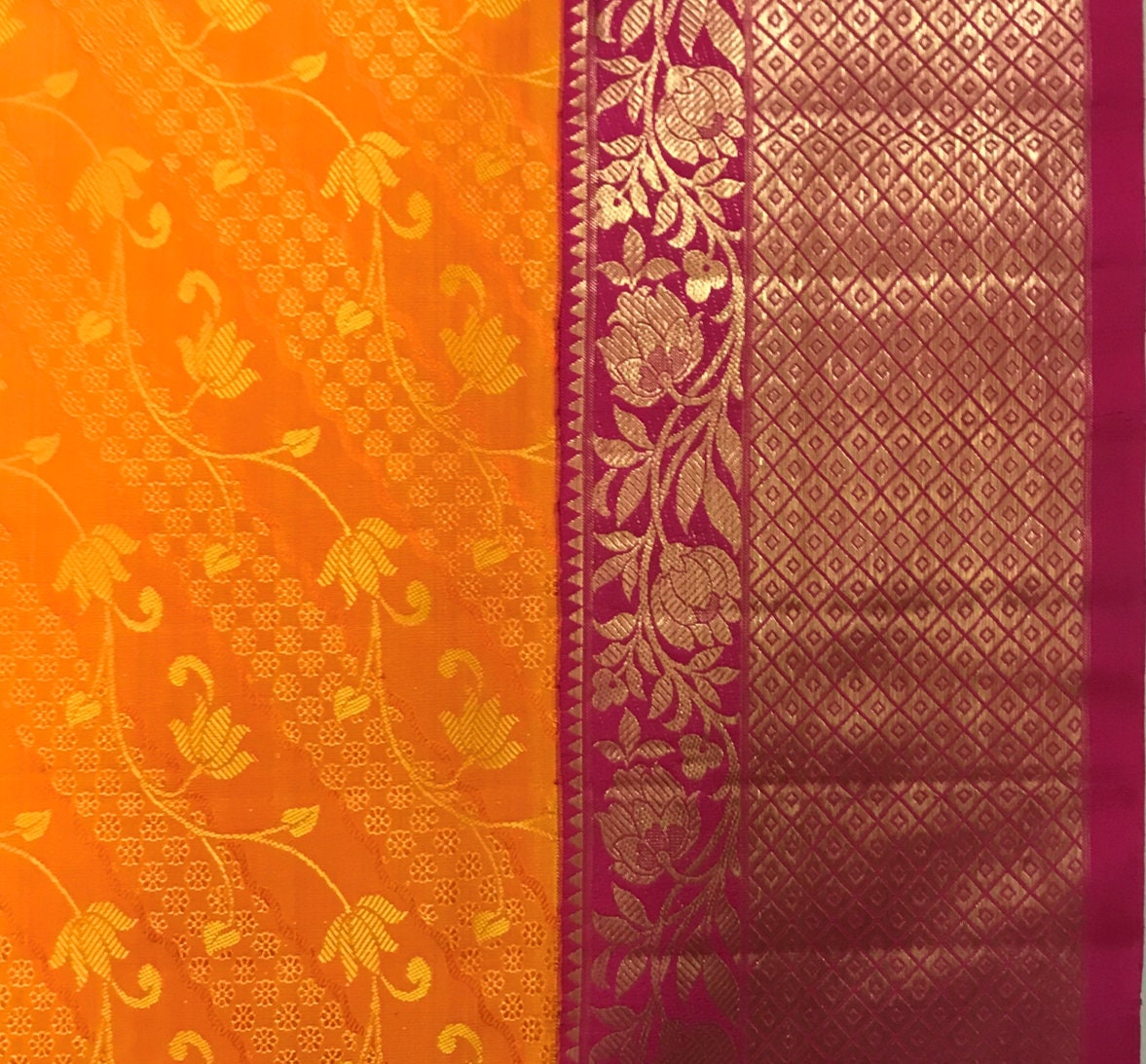 Mango & Pink Jacquard Nine Yards - Pure Handloom Kanchipuram