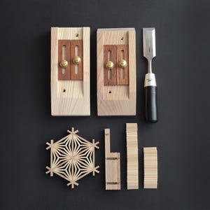 Kumiko starter kit all-in-one with hand sharpened chisel. Jigs for 30/60 and 15/75 degrees. Asanoha variant pattern.