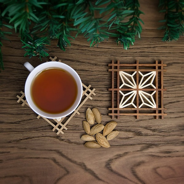 DIY Kumiko Coaster Kit: Japanese Woodworking Craft, Kakuasa Pattern, Decor