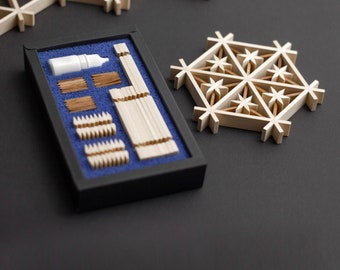 Kumiko assembly kit in elegant gift box. Coasters with japanese art. No need to cut and ready for assemble. Perfect gift