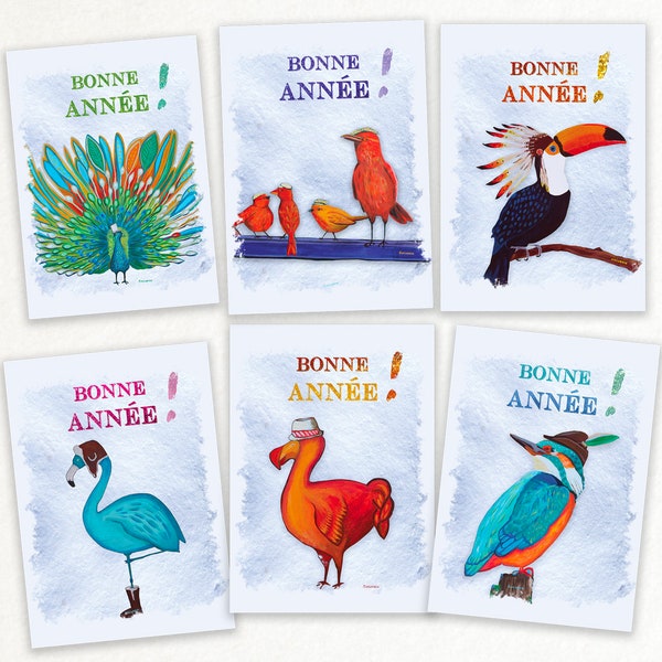 Lot de 6 cartes de voeux oiseaux bonne année