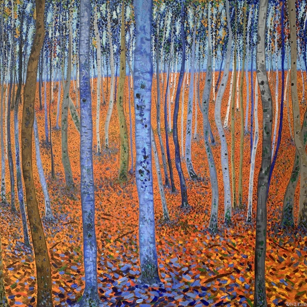 Gemälde „Die blauen Birken“, inspiriert von Gustave Klimts „Birkenwald“-Druck auf Leinwand