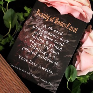 Op de afbeelding: Een zwarte tarotkaartdoos met de titel "Beauty of Bones Tarot" in gouden letters. De doos is omgeven door roze rozen en groen gebladerte. De tekst op de doos beschrijft een fotografisch deck van 78 kaarten met ros&eacute;goudfolie en vergulde randen.