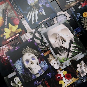 Op de afbeelding: Een verzameling tarotkaarten met donkere achtergronden en gotische beelden. De kaarten bevatten illustraties van schedels, bloemen en skeletachtige handen. Sommige kaarten hebben tekst zoals "Knight of Wands" en "Ace of Chalices".