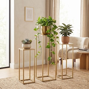 May include: Three gold metal plant stands of varying heights, each with a square top and base. The stands hold potted plants, including a succulent, a plant with cascading vines, and a leafy plant. The stands are on a woven rug.