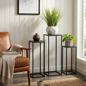 May include: Three black metal plant stands of varying heights, each with a square top and base. The stands hold a variety of plants, including tall green grass in a white geometric pot, and a patterned pot with a green plant.