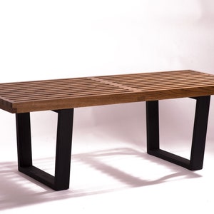 Handmade mid-century Wooden Slatted Bench or Coffee Table, Rustic Brown Oak, Customizable Dimensions, Semi-Gloss & Matte Finish.