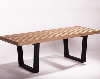 White oak slatted bench. Classic design. Great as an entry bench or hall bench. Handmade, finished in matte lacquer.