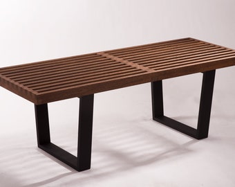 George Nelson style bench, made of Merbau wood. Versatile Bench: Can Be Used as a Seat or a Table.