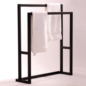 Black towel stand, oak towel bar, towel rail, wooden towel rod. Import duties included (US)