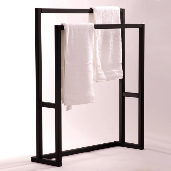 Black towel stand, oak towel bar, towel rail, wooden towel rod