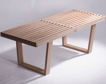 Unfinished White Oak Slatted Bench & Coffee Table: George Nelson Style. Customizable bench.