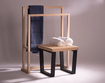 Wooden towel rack and a low stool. Premium white oak, oiled by hand.