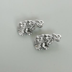 Puede incluir: Dos abalorios de rana plateados con textura marmoleada. Las ranas miran hacia la derecha y tienen un bucle en la parte superior para sujetarlas a una cadena o pulsera.