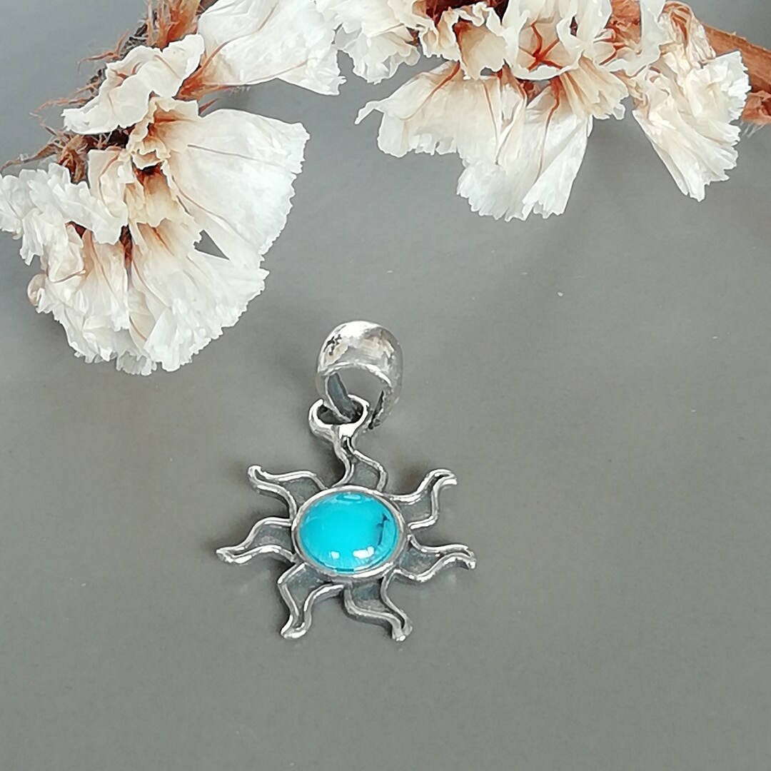 Sterling Silver Sun Charm - Blue Stone Sun Ray Pendant - Silver ...