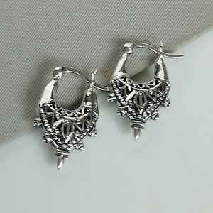 Tibetan ear hoops - Silver ear hoops - Bohemian ear hoops - Oxidized silver hoops - Filigree hoops - Ethnic hoops - Gift Earrings -  NE13