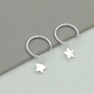 Minimalist Hoops - Silver Star Charm - Celestial Earrings - 12mm Hoops - Small Hoop Earrings - Cartilage Hoops - Star Earrings - E340