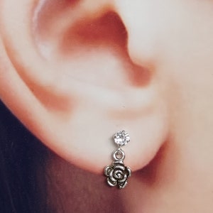 Sterling silver dangling rose and cubic zirconia ear studs - Pretty and tiny ear studs - Minimalist - Cartilage and body piercings - NE77