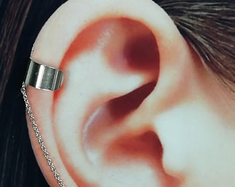 Sterling silver ear cuff with chain - Plain ear cuff - 925 silver cartilage cuff - Free size ear wrap - Bohemian jewelry - E65