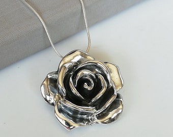 Electroformed Silver rose pendant - Chunky rose charm - Flower necklace - Bridesmaids gift - Boho pendant - Silver charm necklace - PD597