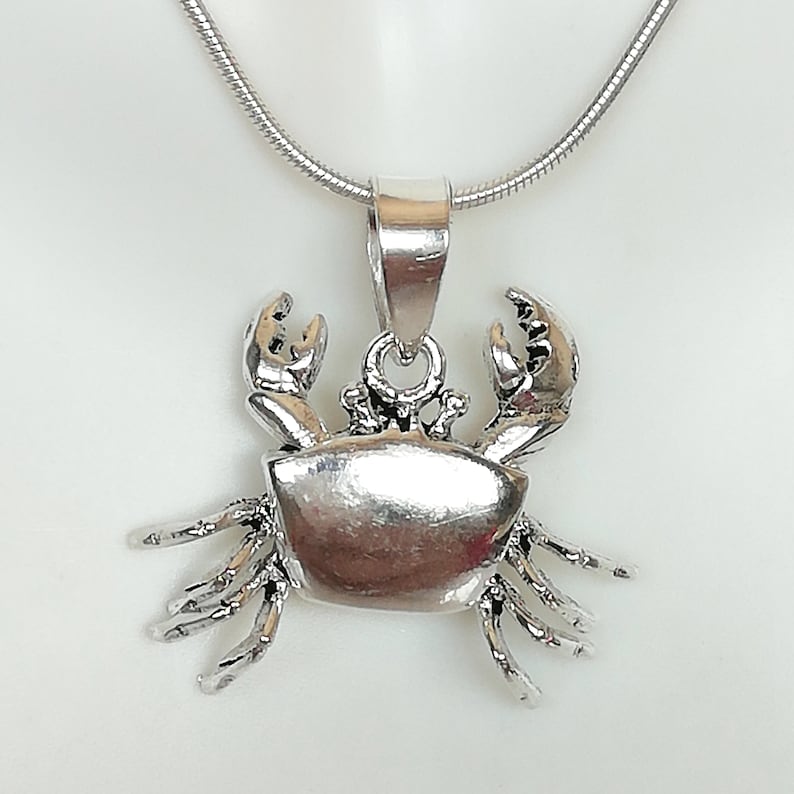 May include: A silver-colored crab pendant with intricate detailing, suspended from a thin, silver chain. The crab's claws are raised, and its body is textured. The pendant is likely made of sterling silver or a similar metal. The necklace is displayed against a white background.