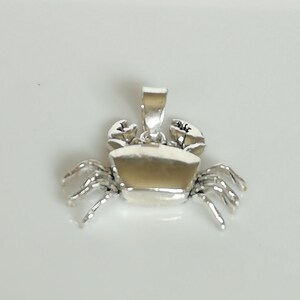 May include: A silver crab pendant with detailed claws and body. The pendant has a bail for attaching to a chain. The crab's body is a light tan color, and the claws and legs are silver. This nautical-themed jewelry is perfect for ocean lovers.