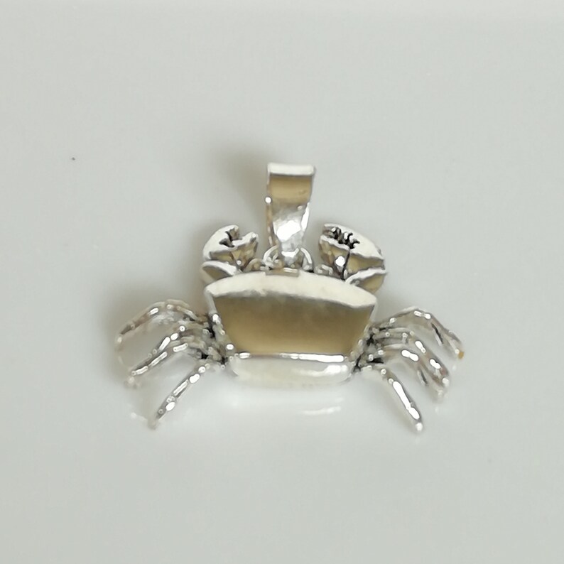 May include: A silver crab pendant with detailed claws and body. The pendant has a bail for attaching to a chain. The crab's body is a light tan color, and the claws and legs are silver. This nautical-themed jewelry is perfect for ocean lovers.