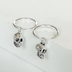 Skull Charm Hoops - Silver Skull Hoops - Minimalist Hoops - 12mm Halloween Hoops - Small Hoop Earrings - Cartilage Hoops -  E358