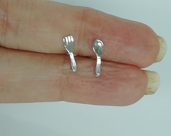 Silver spoon n fork earrings - Tiny ear studs - Minimalist studs - Cutlery ear studs - Silver earrings - Body piercing studs - NE1