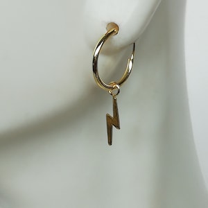 Gold Lightning Bolt Charm Hoops - Minimalist Hoops - 12mm Hoops - Cartilage Hoops - Sterling Silver Hoop - Small Hoop - E397